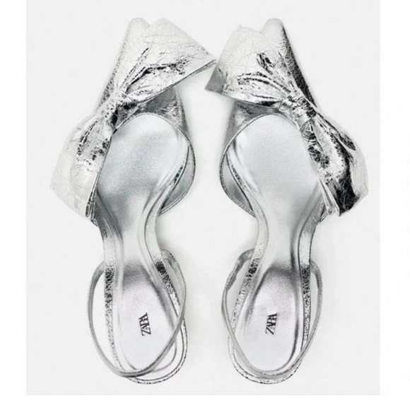 NWT Zara Silver Metallic Bow EU 38 Pointed Toe Slingback Kitten Heel - Picture 5 of 11